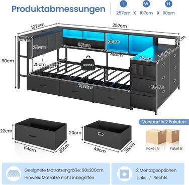 М&39яке ліжко, диван-ліжко, дитяче ліжко 90x200 см з комодом з 6 шухлядами та вбудованим письмовим столом, кушетка зі світлодіодним освітленням та зарядною станцією, ліжко 90x200 см з м&39яким узголів&39ям, чорного кольору.