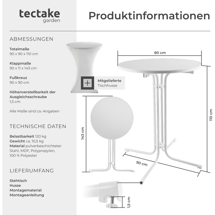 Розкладний стоячий стіл, бістро-стіл з кришкою, стіл Ø80 см, стоячий стіл зі стільницею з МДФ, розкладний садовий стіл, розкладний стіл, круглий, сталевий каркас, стабільний та міцний - білий, 1 стоячий стіл 1 стоячий стіл білий