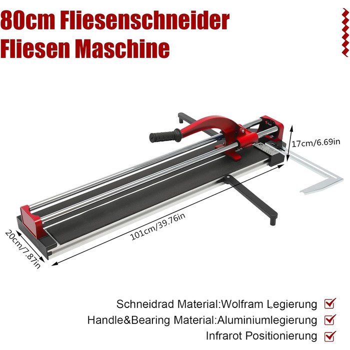 Плиткоріз 80 см з подвійними рейками та кронштейнами ручний 3/5 з точним інфрачервоним позиціонуванням Ручний плиткоріз для точного різання (червоний)