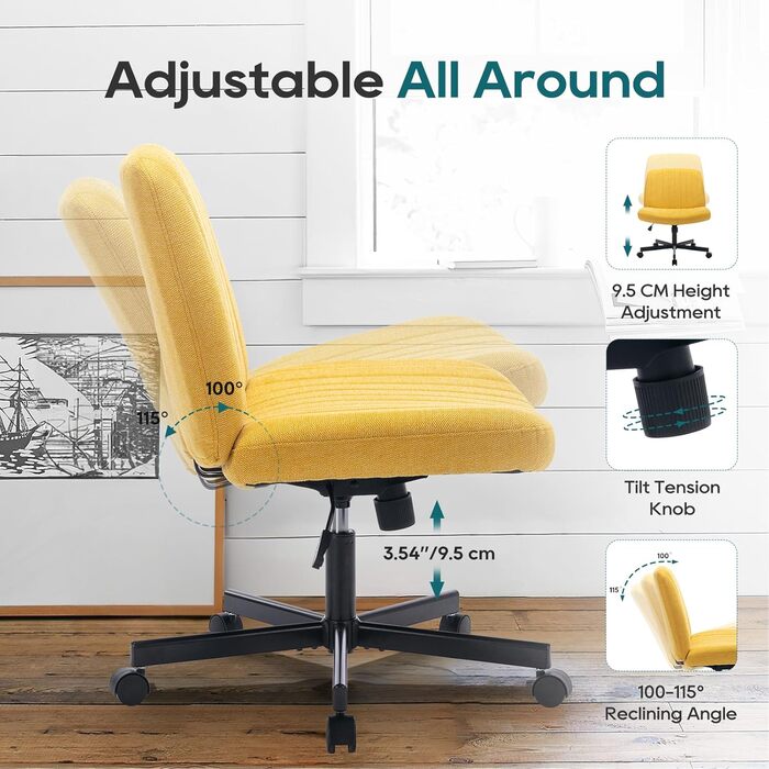Широке офісне крісло COLAMY, м&39яке офісне крісло без підлокітників, поворотне крісло для домашнього офісу, функція гойдання 115, ергономічне комп&39ютерне крісло для домашнього офісу, для макіяжу, ігор (з колесами, жовтий) Жовтий з колесами