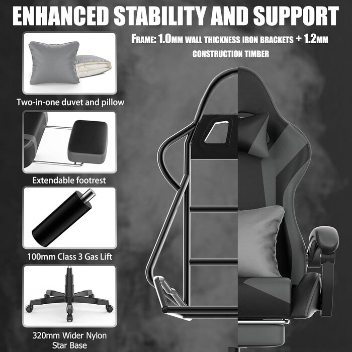 Ергономічне ігрове крісло Soontrans, ігрове крісло з пружинною подушкою, висувна підставка для ніг, підголівник, регульована висота, штучна шкіра, регульована спинка 90-135 (чорний/сірий)