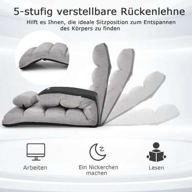 Складаний реклайнер, підлогове крісло з регульованою спинкою, шезлонг з функцією сну, підлоговий диван, підлогове крісло для ігор, сну, читання, сірий