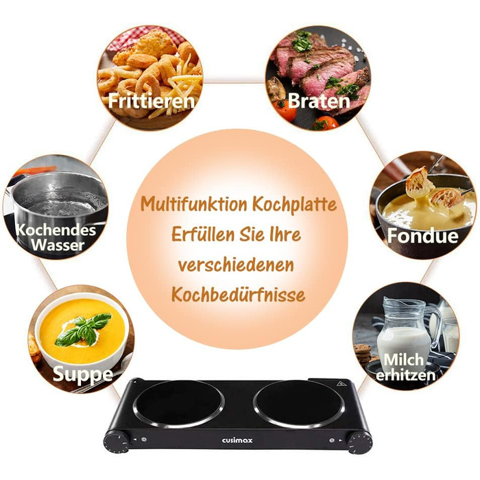 Інфрачервона варильна поверхня CUSIMAX 2 шт. 1200 Вт 1200 Вт Електрична варильна поверхня зі склокераміки, портативні подвійні варильні поверхні з регулюванням температури для зовнішнього/внутрішнього використання, для всіх типів гончарів, чорна нержавіюч