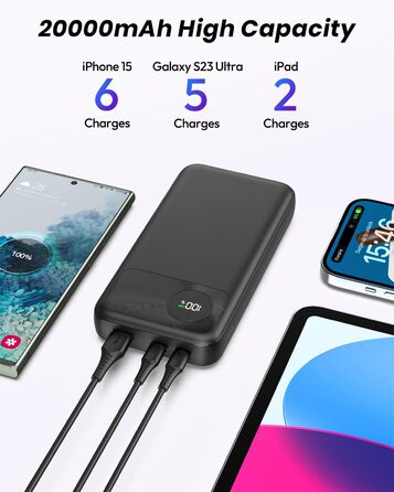 Вт Швидка зарядка Power Bank з USB-C входом і виходами PD3.0 QC 4.0, портативний зарядний телефон, зовнішній акумуляторний блок, сумісний з iPhone, смартфонами, планшетами, чорний, 20000mAh, 22, 5