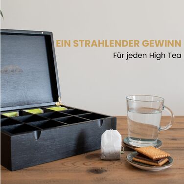 Чайні коробки NIMMA Дерев&39яна чайна коробка з магнітною застібкою Підходить для Pickwick, Lipton та інших Чорний колір Дуже великі відділення для чайних пакетиків та розсипного чаю (12 відділень)