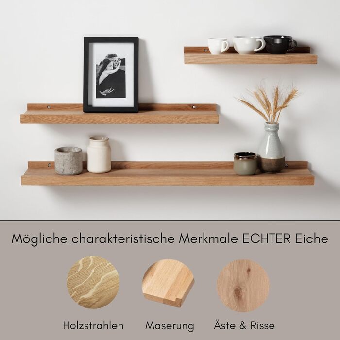 Дерев&39яна полиця для картин, настінна полиця, плаваюча полиця з дуба, полиця для коридору, дерев&39яний декор, настінна полиця, масив дерева (світлий дуб, ширина 80 см / глибина 15 см) Ширина 80 см / глибина 15 см світлий дуб