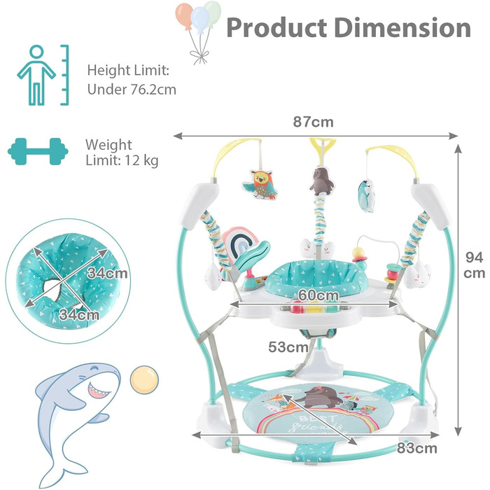 Ходунки для немовлят LIFEZEAL, Jumperoo Baby з сидінням, що обертається на 360, регульовані по висоті ходунки з 9 іграшками, ігровий центр Jungle з підсвічуванням і мелодіями, для немовлят і малюків, синій