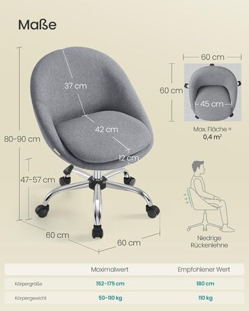 Крісло для домашнього офісу SONGMICS, Туалетне крісло з бавовняно-льонної суміші, Робоче крісло, Пінопластова підкладка, Регульована висота, Для кабінету, Спальня, Шиферно-сірий OBG020G05 Шиферно-сірий Бавовняна суміш
