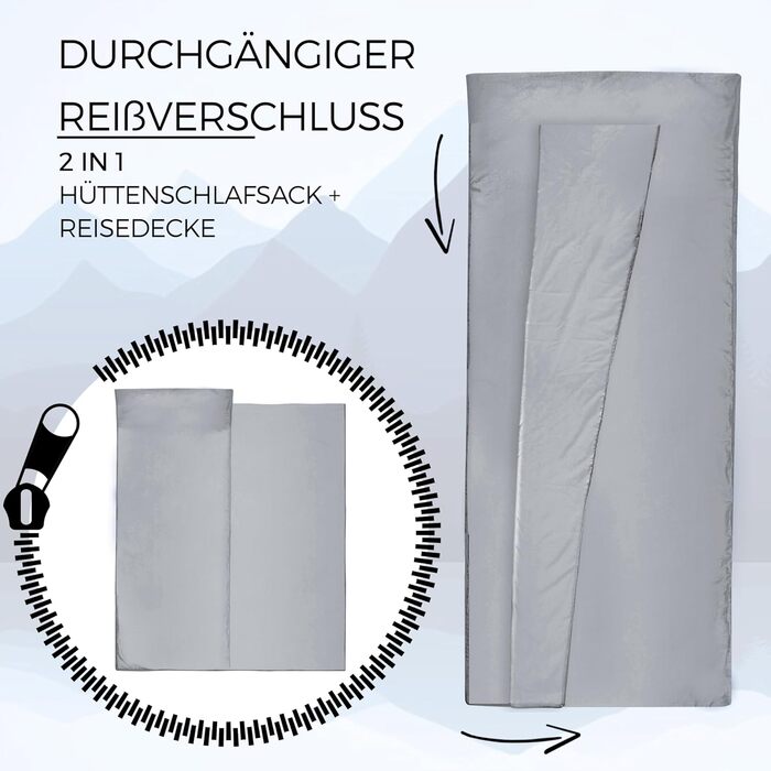 В-1 бавовняний спальний мішок, надлегкий із блискавкою (з&39єднується) тонкий, зручний дорожній спальний мішок та дорожня ковдра XL в одному - літній спальний мішок, внутрішній спальний мішок, сірий, блискавка праворуч, 2-