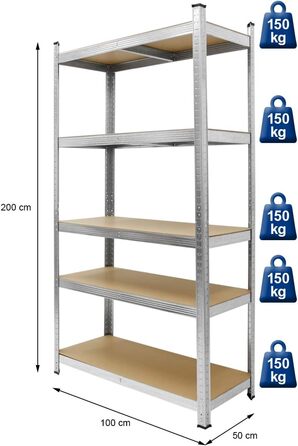 Стелаж для майстерні ECD Germany, міцний, 200x100x50 см - оцинкований - вантажопідйомність до 750 кг - 5 полиць МДФ - стелаж для зберігання, безболтовий стелаж, стелаж для підвалу, стелаж для гаража, металевий стелаж, стелаж для робочого столу, 200 x 100 