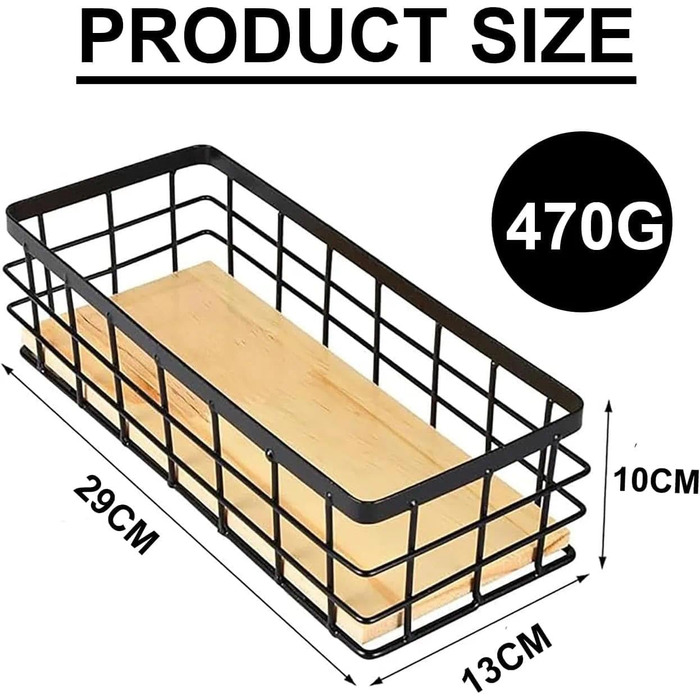 Дротяний кошик, металевий кошик, металевий кошик для зберігання у ванній кімнаті, металевий кошик зі знімною дерев&39яною основою, настінний кошик для дому, для фруктів та закусок, кухонна комора, 2 предмети, 29x13x10 см, чорний