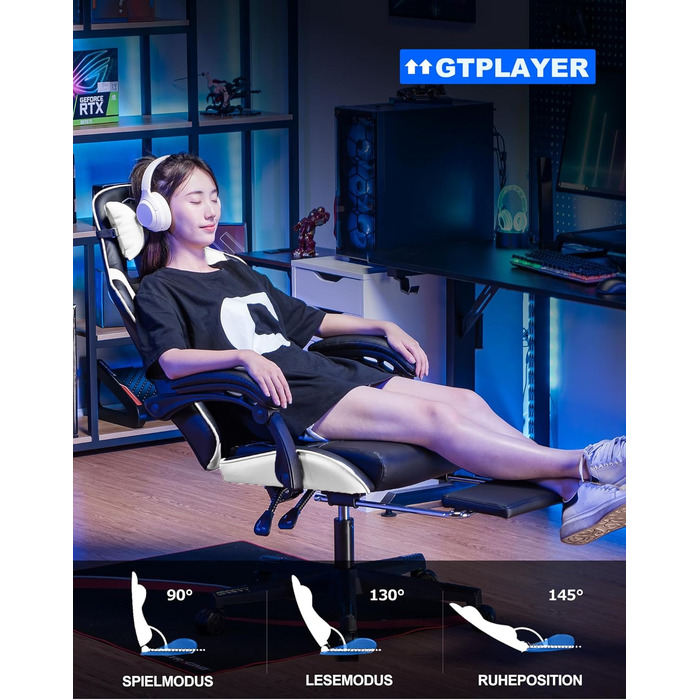 Ігрове крісло GTPLAYER, ергономічне офісне крісло з підставкою для ніг, регульованим поперековим відділом хребта та підголівником, м&39яке ігрове крісло, ігрове крісло вантажопідйомністю 150 кг, білий колір