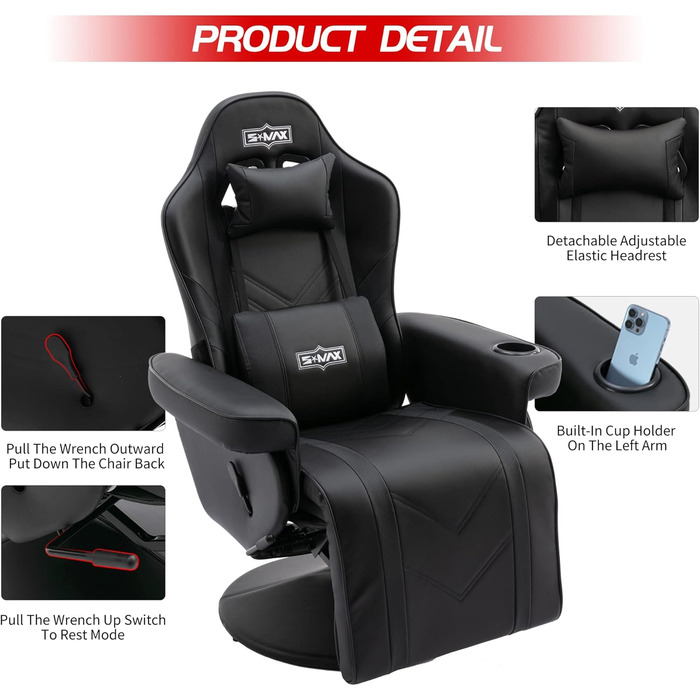 Ігрове крісло S*MAX з підставкою для ніг, ігрове крісло з високою спинкою та регульованою спинкою, підсклянник, бічна кишеня, ігрові крісла для дорослих, чорне, XL