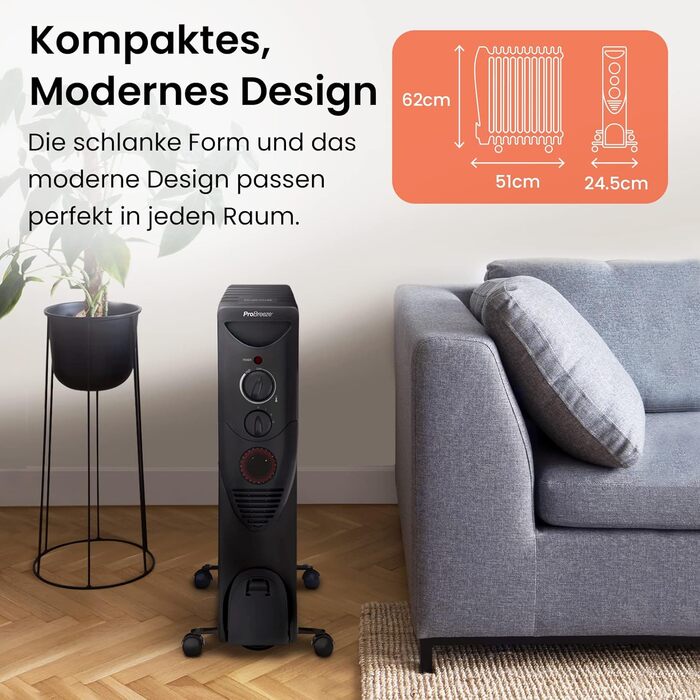 Енергозберігаючий масляний радіатор Pro Breeze потужністю 2500 Вт - електричний нагрівальний елемент з 11 ребрами, вбудованим таймером, 3 режимами нагріву, регульованим термостатом та функцією безпечного відключення - чорний. Масляний радіатор 2500 Вт - ч