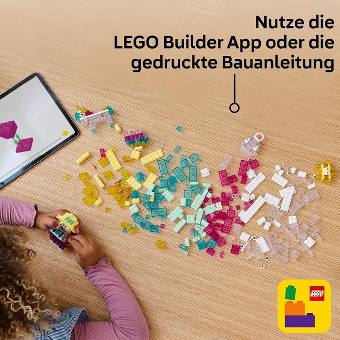 Класична чарівна скринька LEGO з прозорими цеглинами - Різнокольорові будівельні блоки та підвісні цеглини - Єдиноріг, дракон, пінгвін та інші фігурки - Набір для творчості для дівчаток та хлопчиків віком від 5 років 11040