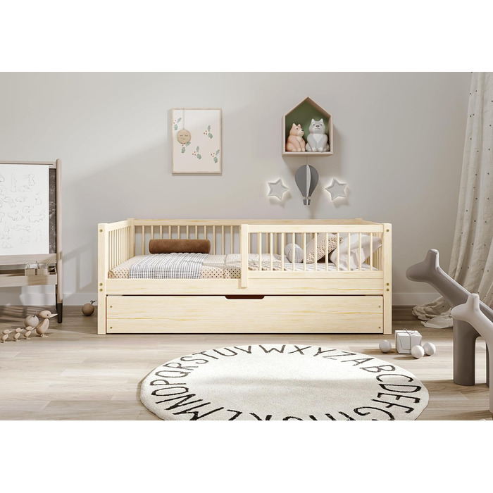 Дитяче ліжко 80x160 з шухлядою - Нефарбоване дерев&39яне ліжко - Односпальне ліжко для дітей з рейковою основою та знімними захисними поручнями - Вантажопідйомність до 100 кг - виготовлено з сосни 1 класу 80x160 Нефарбована деревина