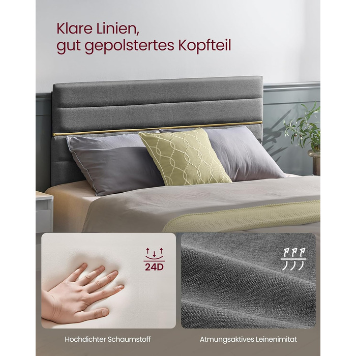 М&39яке ліжко, каркас двоспального ліжка, каркас ліжка, підходить для матраца 140 x 200 см, регульоване м&39яке узголів&39я, каркас ліжка, метал, масив дерева, сучасний, сланцево-сірий RMB504G01 140 x 200 см Сланцево-сірий