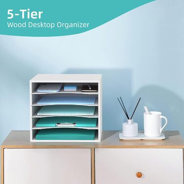 Рівневий органайзер для паперу SUPEASY для столу, дерев&39яний настільний органайзер з регульованим лотком для листів, сортувальник пошти для офісу, школи та дому, білий, 5-