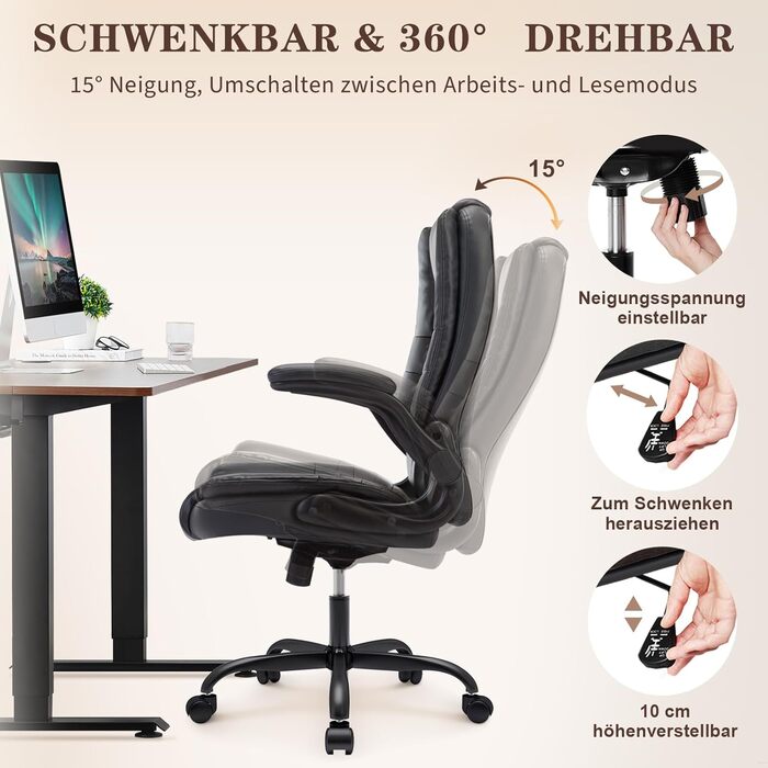 Ергономічне офісне крісло IWMH, регульоване по висоті крісло для роботи, обертове крісло зі штучної шкіри, висока вантажопідйомність та дихаюче крісло для керівника для домашнього офісу та офісу (чорне)