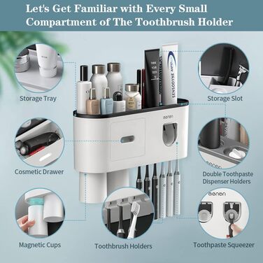 Настінний тримач для зубних щіток з подвійним автоматичним дозатором зубної пасти для дітей та дорослих, 6 слотів для щіток, 2 маг