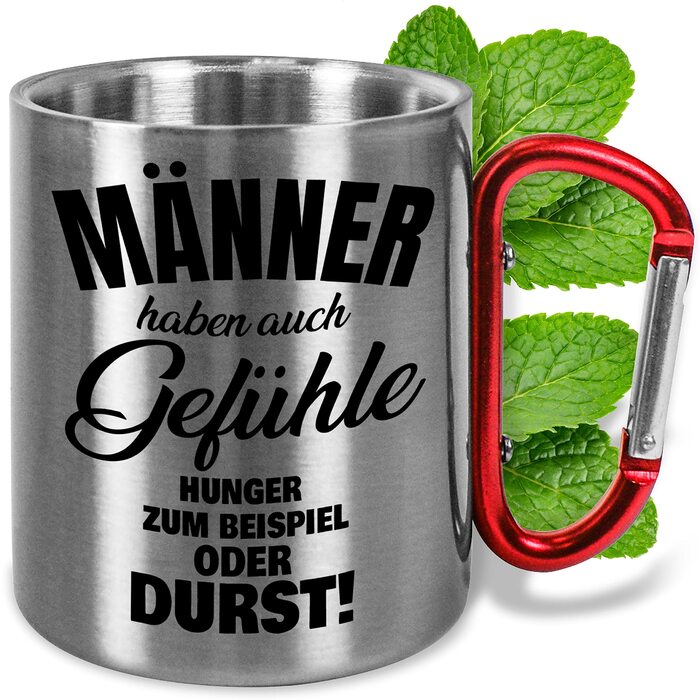 Кружка з нержавіючої сталі 330 мл із кумедним написом Чоловіки теж мають почуття кружка з карабіном з нержавіючої сталі, подарунок для активного відпочинку, кемпінгу, походів, днів народження, Різдва (чоловікам, червона ручка)