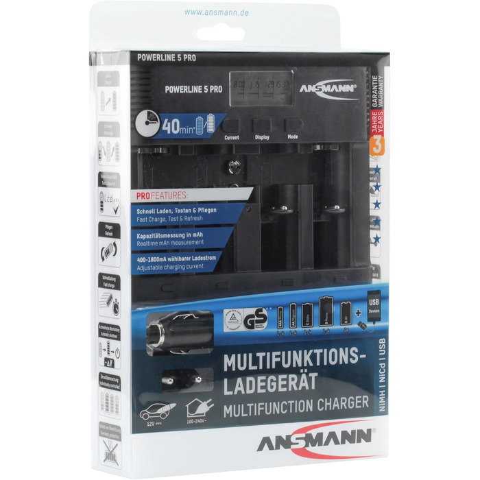 Зарядний пристрій ANSMANN для акумуляторів AA/AAA/C/D/9V NiMH - Зарядний пристрій з 5 програмами заряджання заряджання, розряджання, тестування, оновлення, швидке заряджання USB - Powerline 5 Pro 2 акумулятори Baby C ємністю 2500 мАг, включаючи 2 акумулят