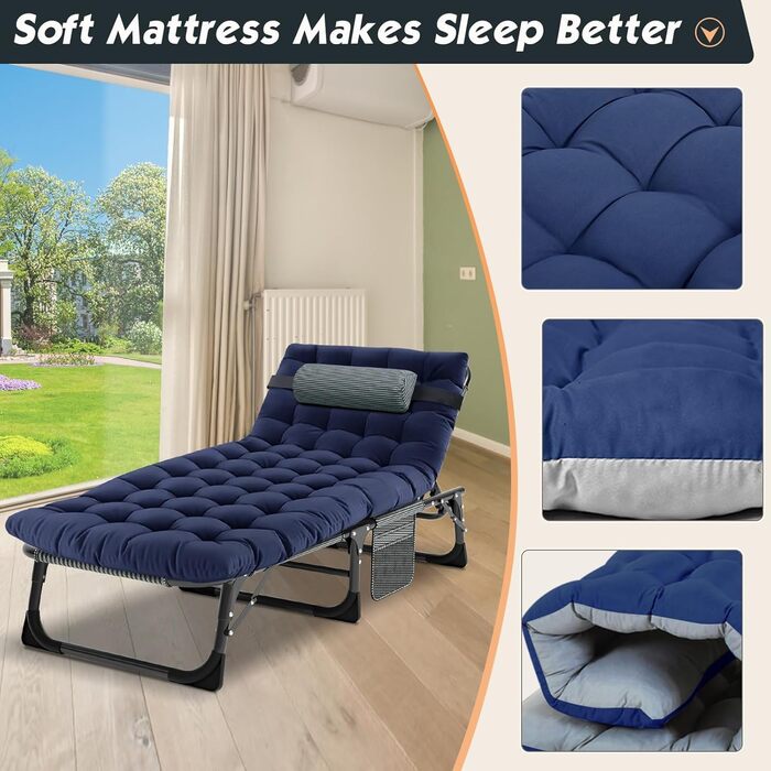 Садовий шезлонг/лежак, що розкладається в 4 сторони, 190 x 68 x 20 см, максимальне навантаження 200 кг, з килимком, підголівником та сумкою для перенесення, для домашнього офісу, відпусток, лікарень та кемпінгу, синій