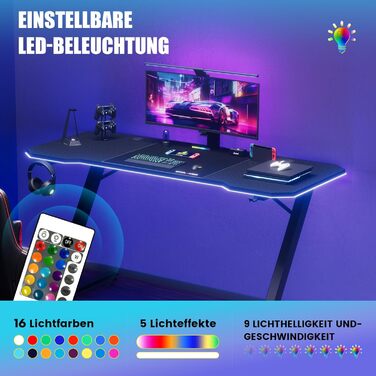 Ігровий стіл GTPLAYER, Ігровий стіл 120 x 60 см, ПК-стіл для гравців зі світлодіодним підсвічуванням, міцний комп&39ютерний стіл з гачком для навушників, чорний зі світловою стрічкою