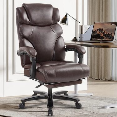 Велике та високе крісло керівника зі штучної шкіри, ергономічне офісне крісло 210 кг з підставкою для ніг, крісло для домашнього офісу з регульованою високою спинкою, обертове крісло з підголівником, комп&39ютерне крісло, коричневе