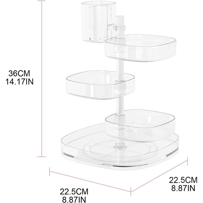 Органайзер для макіяжу, поворотний, для зберігання косметики, поворотний, регульований, 5 рівнів, велика місткість, чудово підходить для стільниці, прозорий акрил, поворот на 360 градусів, органайзер для макіяжу