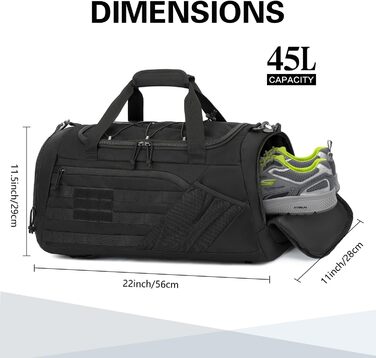 Тактична дорожня сумка-рюкзак 45 л для чоловіків та жінок, спортивна сумка 3-в-1 з відділенням для взуття, відділенням для вологи, багатофункціональна сумка для вихідних для спортзалу, подорожей, кемпінгу, походів, чорного кольору