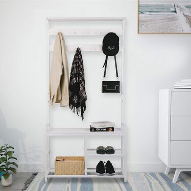 Вішалка для одягу Leader Accessories з лавкою, металева вішалка для одягу в рустикальному стилі, 182x30x84 см (ВxГxШ), біла