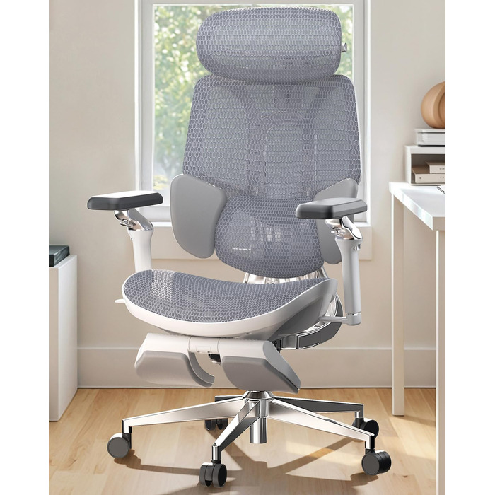 Ультраергономічне офісне крісло Hbada E3, велике та високе офісне крісло з 3-зонною динамічною поперековою підтримкою, механічними підлокітниками на 360, регульованим підголівником у 4 напрямках, сіре