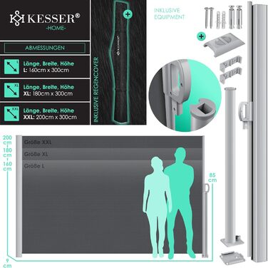 Алюмінієва бічна маркіза KESSER, розсувна та непрозора, 300 x 180 см Захист від вітру та приватності в саду з автоматичним механізмом згортання для балкона та патіо Бічна штора, включаючи дощовик з настінним кріпленням, темно-сіра, 300 x 180 см