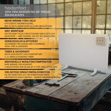 Інфрачервоний обігрівач Heidenfeld HF-TH120 Настільний обігрівач потужністю 120 Вт Радіатор - Інфрачервоний обігрівач - Електричний обігрівач - Нагрівальна панель - Інфрачервоний радіатор - Нагрівальна панель - 3-в-1 Монтаж, білий