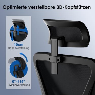 Офісне крісло, ергономічне офісне крісло з регульованим підголівником, підлокітниками та поперековою опорою, обертове робоче крісло з функцією гойдання до 135, крісло керівника, зручне для спини, вантажопідйомність 150 кг, чорний колір, модель I