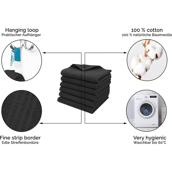 Набір ZOLLNER з 6 гостьових рушників розміром 40x60 см - сильно поглинаючі гостьові рушники чорного кольору - з практичною вішалко