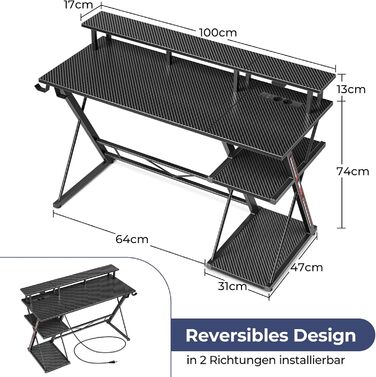 Ігровий стіл SEVEN WARRIOR зі світлодіодним освітленням та розетками, комп&39ютерний стіл 100 см з підставкою для монітора та підставкою для процесора, стіл з 2 гачками та підставкою для ніг, ідеально підходить для спальні або офісу, 100 x 47 x 87 см