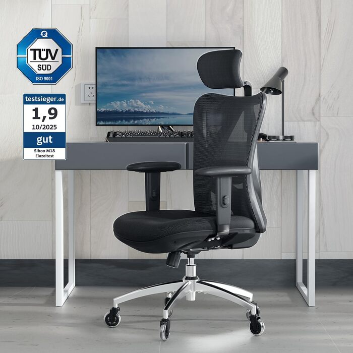Ергономічне офісне крісло SIHOO ПЕРЕМОЖЕЦЬ ТЕСТУ Офісне крісло, обертове крісло з регульованою поперековою опорою, підголівником та підлокітниками, регулюванням висоти та функцією гойдання, вантажопідйомність до 150 кг/330 фунтів Чорний колір M18-Upgrade 