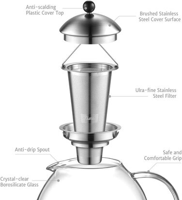 Срібний чайник Glastal Glass 2000 мл з ситечком для чаю з нержавіючої сталі 18/8 Боросилікатний скляний чайник на плиті Скляний ча