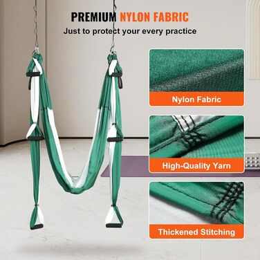 Гамак для аеро-йоги VEVOR Aerial Yoga Hammock, повітряна гойдалка (зелено-білий), макс. навантаження 300 кг (2,5x1,5 м)