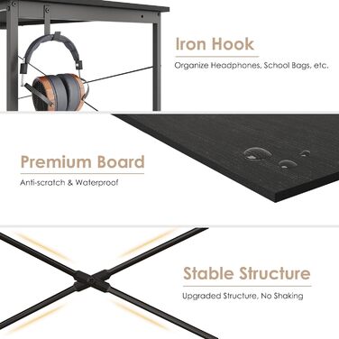 Письмовий стіл, комп&39ютерний стіл з тримачем для навушників та сумкою для зберігання, міцний робочий стіл, промисловий дизайн, ПК-стіл, невеликий офісний стіл для дому, офісу (Чорний, 120 x 60 x 75 см) Чорний 120 x 60 x 75 см