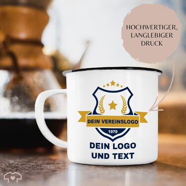 Емальована кружка, бляшана кружка - фотозображення - подарунок з логотипом клубу, створіть свій власний дизайн з логотипом та текстом вашого клубу 300 мл - біла/чорна - кавова кружка, кружка з фотографією компанії, персоналізована, мій 1 біла/чорна