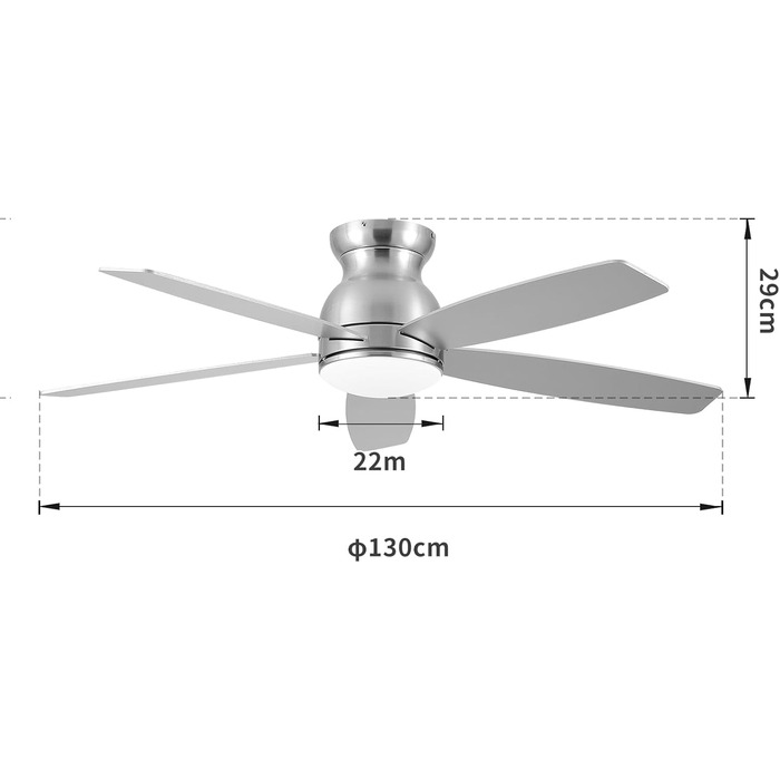 Стельовий вентилятор XUANYU 130 см/52 з підсвічуванням і дистанційним керуванням, стельовий вентилятор із підсвічуванням, світлодіодний стельовий вентилятор із регулюванням затемнення, для спальні, вітальні (5 срібних планок)