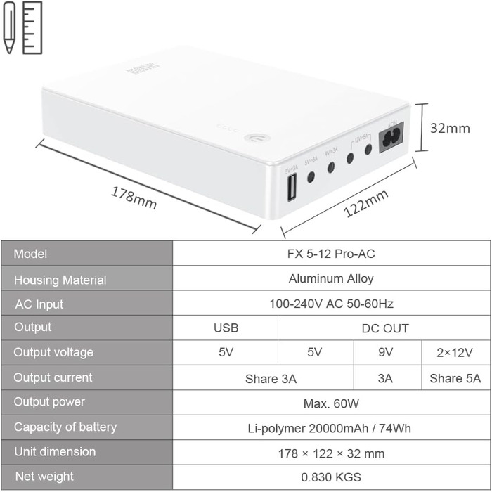 Міні-UPS для роутера, модему, камери з входом AC та виходами USB 5V DC 5V 9V 12V 3A (74Wh, білий)