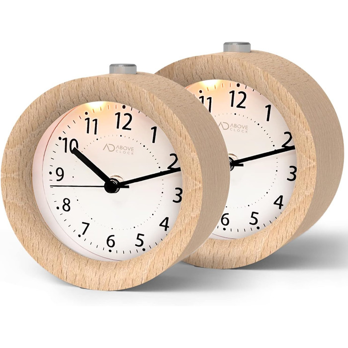 ВищеГодинник будильник аналоговий без цокання, будильник дерев'яний з дрімотою, тумбочка настільний годинник з нічником, ретро-будильник аналоговий на батарейках (потрібна батарея 1*AA) - натуральне дерево світло-коричневого кольору (кругле, світло-коричн
