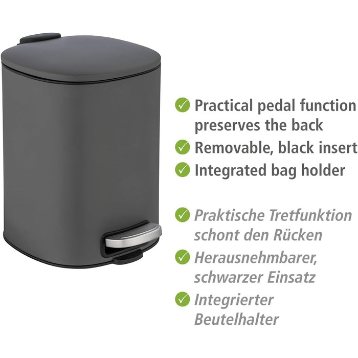 Косметичне педальне відро для сміття WENKO Mod. Alassio, відро для сміття об'ємом 5 літрів, високоякісне відро для сміття для ванн