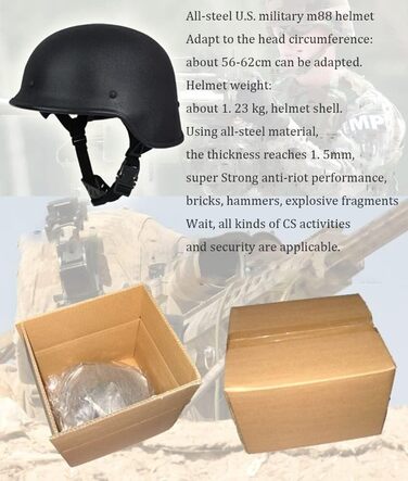 Шолом M88 Riot, легована сталь 1,5 мм зі шкіряною підкладкою, регульований ремінець для підборіддя для страйкболу, тактичного пейнтболу