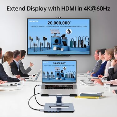 Алюмінієва підставка для ноутбука з USB-C док-станцією 6-в-1, HDMI 4K60Hz, 4*USB3.0, 100W PD, сумісна з MacBook Pro/Air, iPad Pro, XPS, Thinkpad