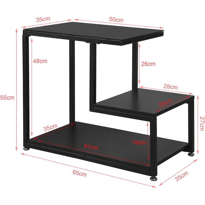Журнальний столик зі скляною стільницею, журнальний столик, скляний стіл з 3 полицями, чорний, розміри Ш/В прибл. 65x55x35 см, Black-fbt65-sch, 65-SCH